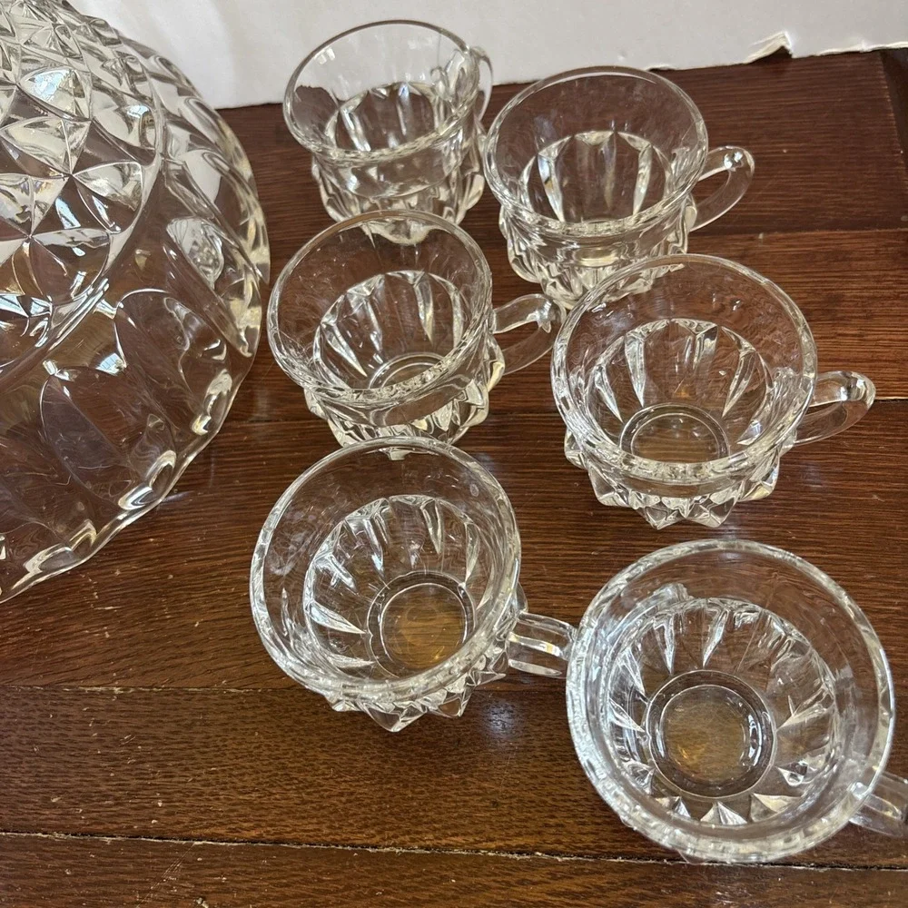 Vintage Set Punch Bowl With 12 Cups Indiana Glass‎ Lotus Blossom Heavy Cut